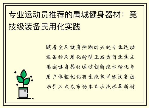 专业运动员推荐的禹城健身器材：竞技级装备民用化实践